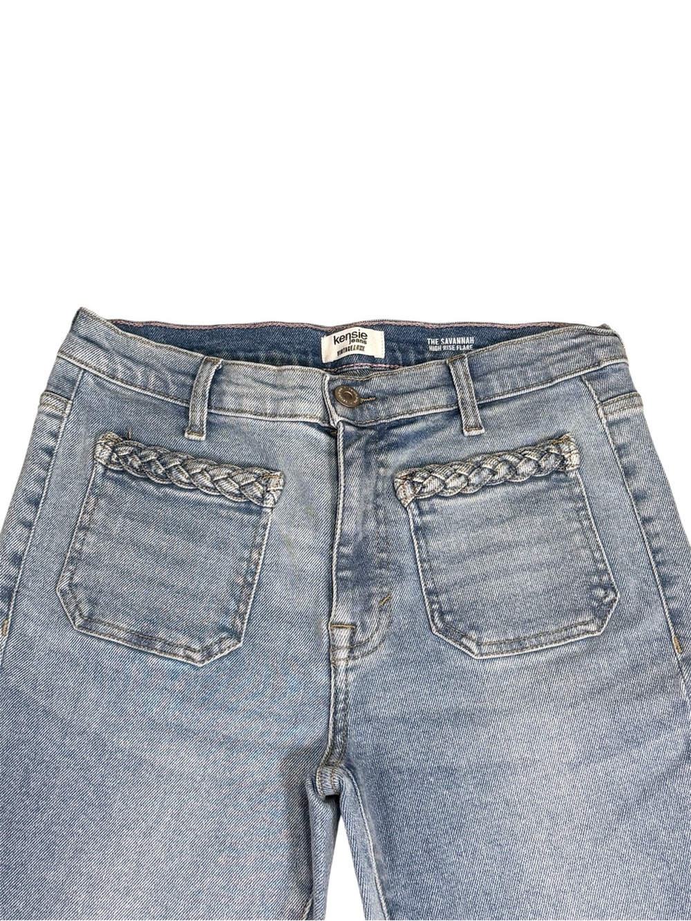 Kensie Savannah High Rise Flare Jeans Braided Pocket Light Wash 4/27